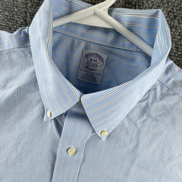 Brooks Brothers 16 34 Non-Iron Cotton Blue Classic Button-Down Striped Men Shirt - Picture 8 of 16